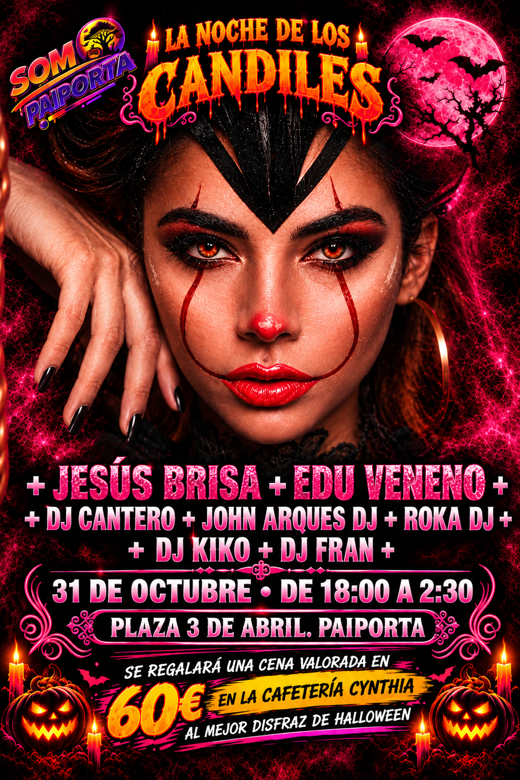 Cartel de La Noche de los Candiles: Jesús Brisa, Edu Veneno, DJ Cantero, John Arques DJ y Roka DJ. 31 de octubre de 18:00 a 2:30, Plaza 3 de Abril, Paiporta. Cena valorada en 60€ en la Cafetería Cynthia al mejor disfraz de Halloween
